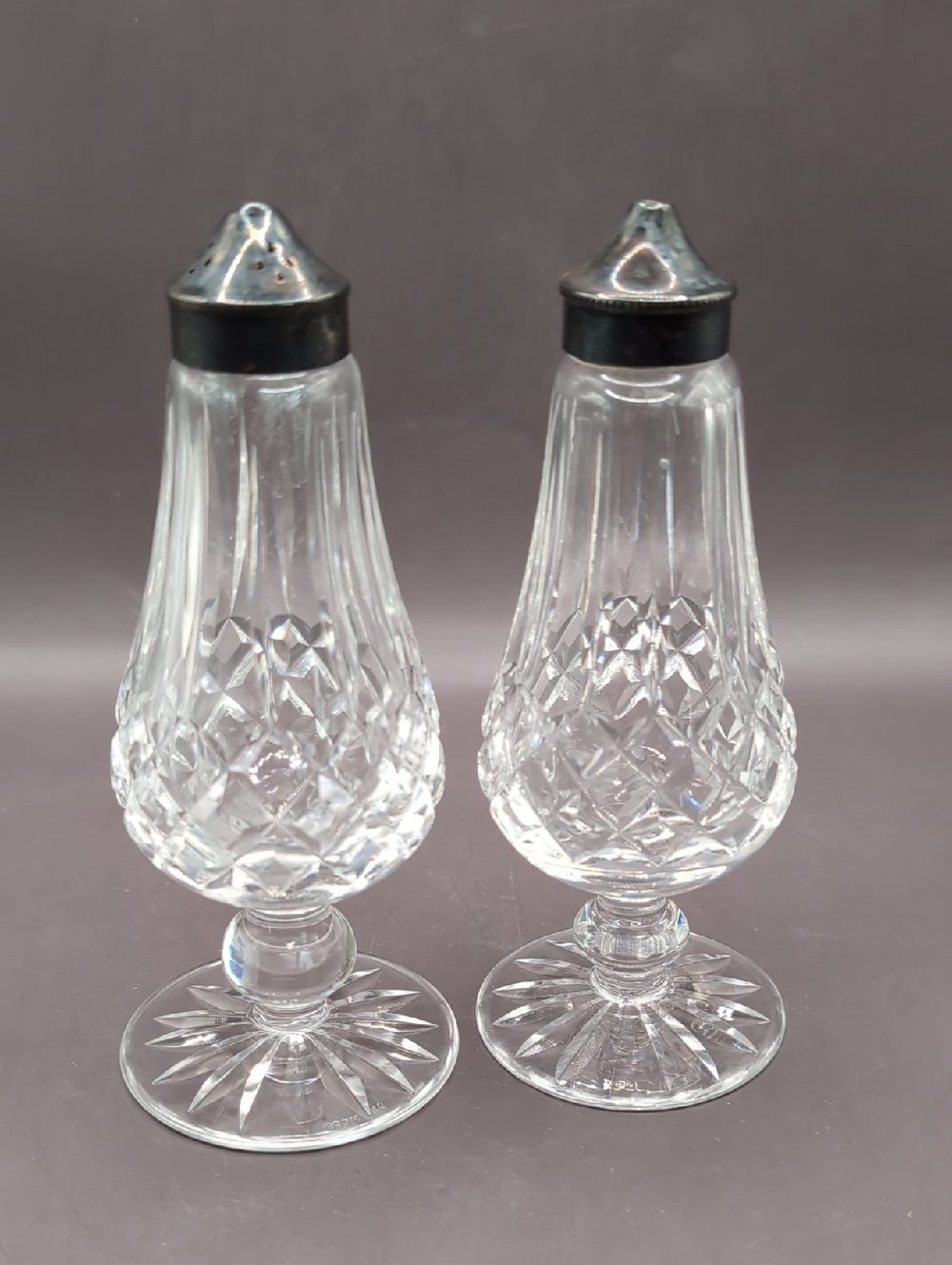 Vintage Signed WATERFORD Crystal Lismore Footed Salt & Pepper Shaker Set - 6.25"